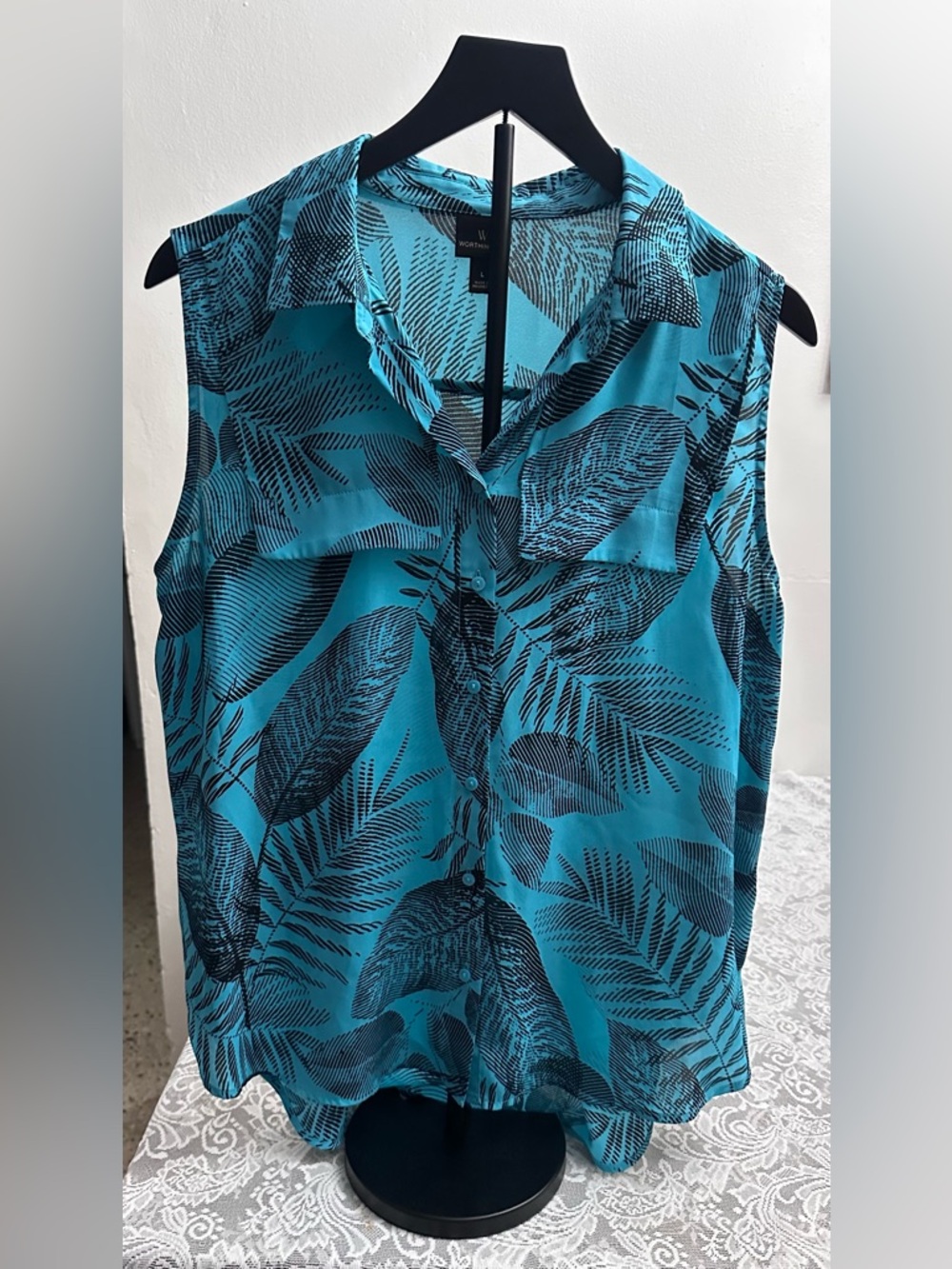 Worthington Teal Tropical Print Blouse Women’s Large Sleeveless Work Top